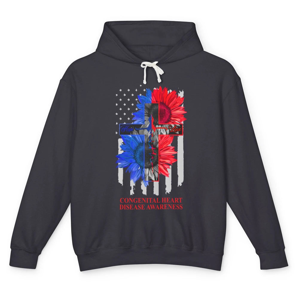 Congenital Heart Disease Awareness US Flag Faith CHD Ribbon Unisex Lightweight Hoodie