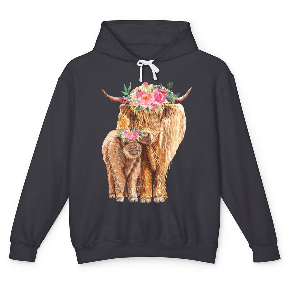 Floral Highland Cow Mom And Baby Western Country Heifer Mom Unisex Lightweight Hoodie