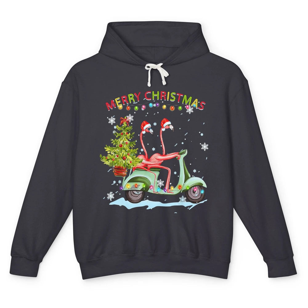 Merry Christmas Flamingos Santa Hat Xmas Lights Motorbike Unisex Lightweight Hoodie