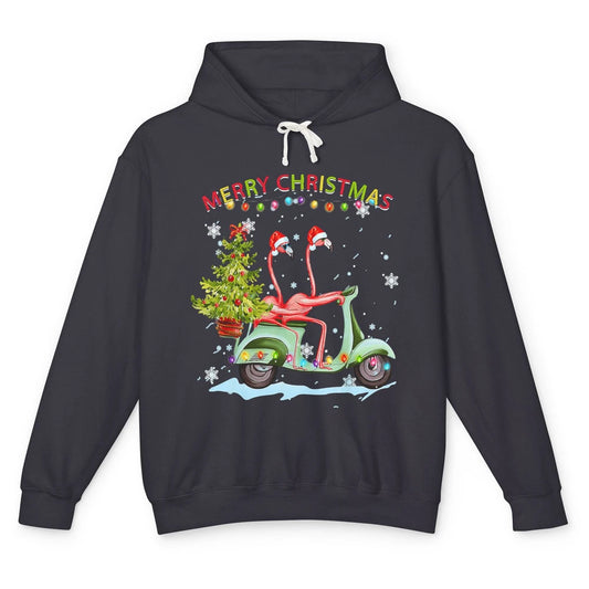 Merry Christmas Flamingos Santa Hat Xmas Lights Motorbike Unisex Lightweight Hoodie