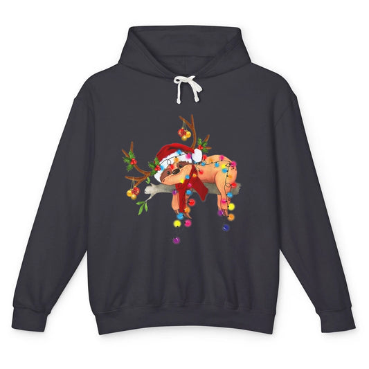 Merry Christmas Santa Claus Hat Sloth Reindeer Xmas Lights Unisex Lightweight Hoodie