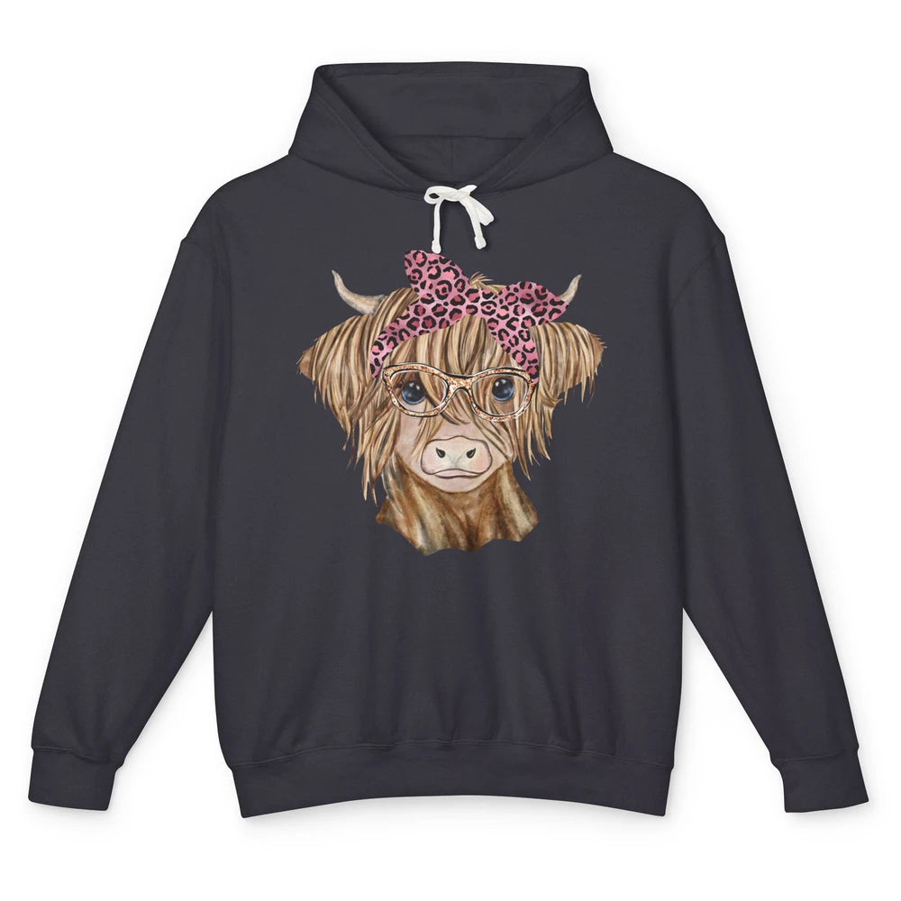 Leopard Bandana Highland Cow Baby Heifer Glasses Farmer Gift Unisex Lightweight Hoodie