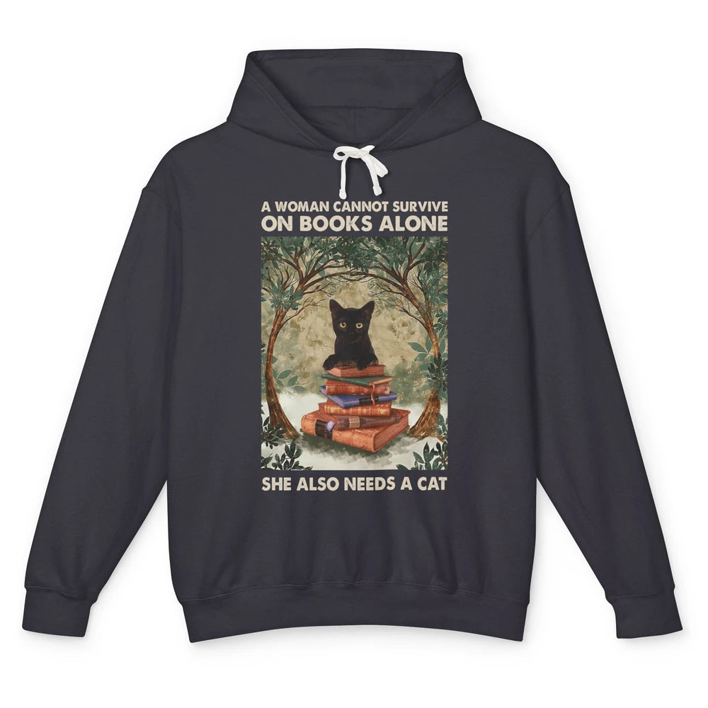 A Woman Cannot Survive On Books Alone She Also Needs A Cat Unisex Lightweight Hoodie