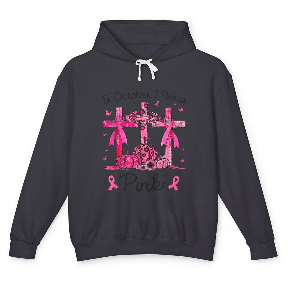 Cross Pumpkin Christian Pink Ribbon Breast Cancer Awareness Unisex Lightweight Hoodie