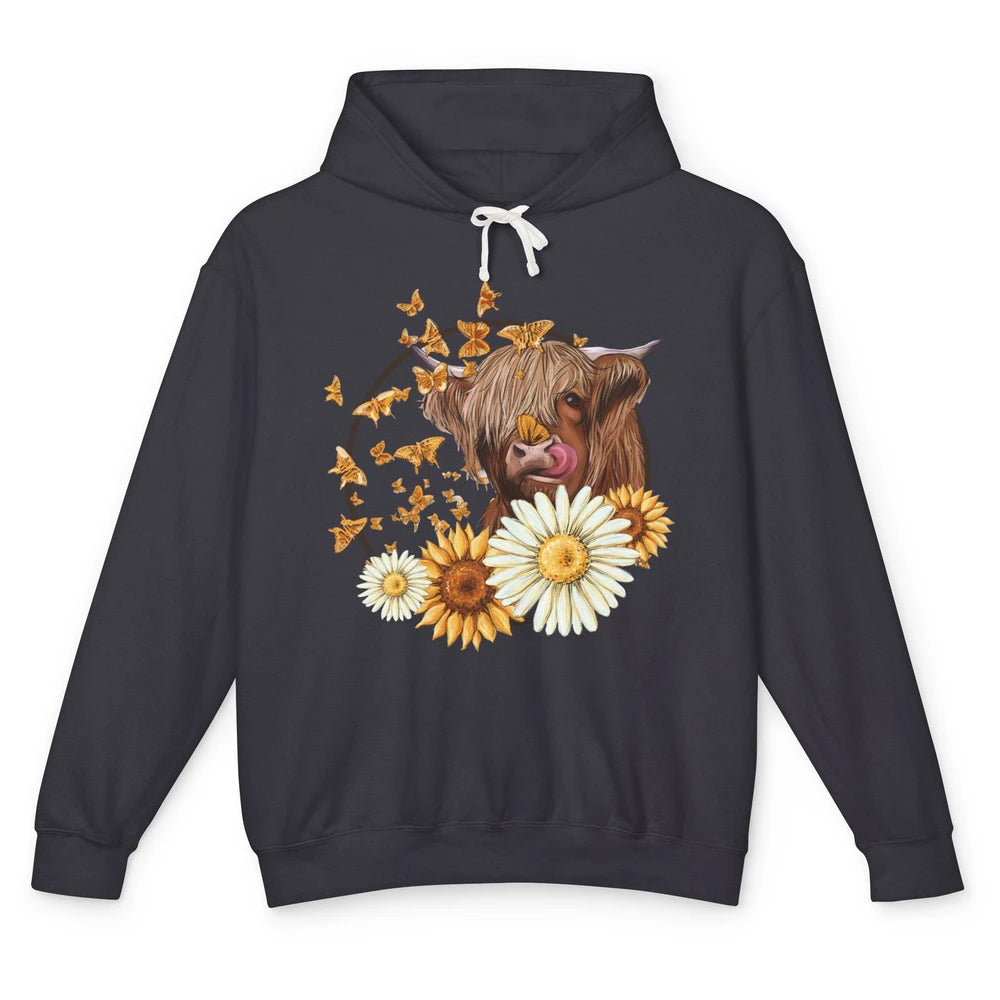 Highland Cow Sunflowers And Daisies Cow Flower Farm Country Unisex Lightweight Hoodie