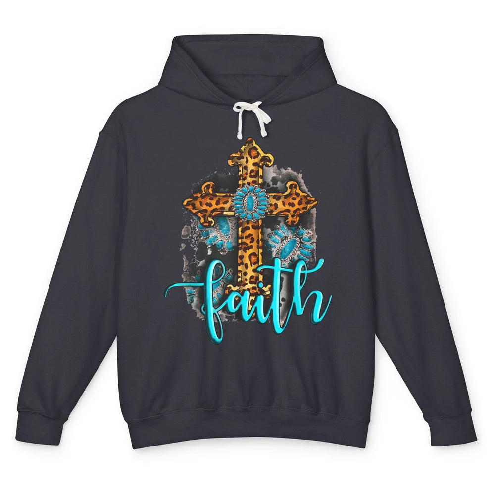 Western Gemstone Leopard Turquoise Cross Faith Jesus God Unisex Lightweight Hoodie