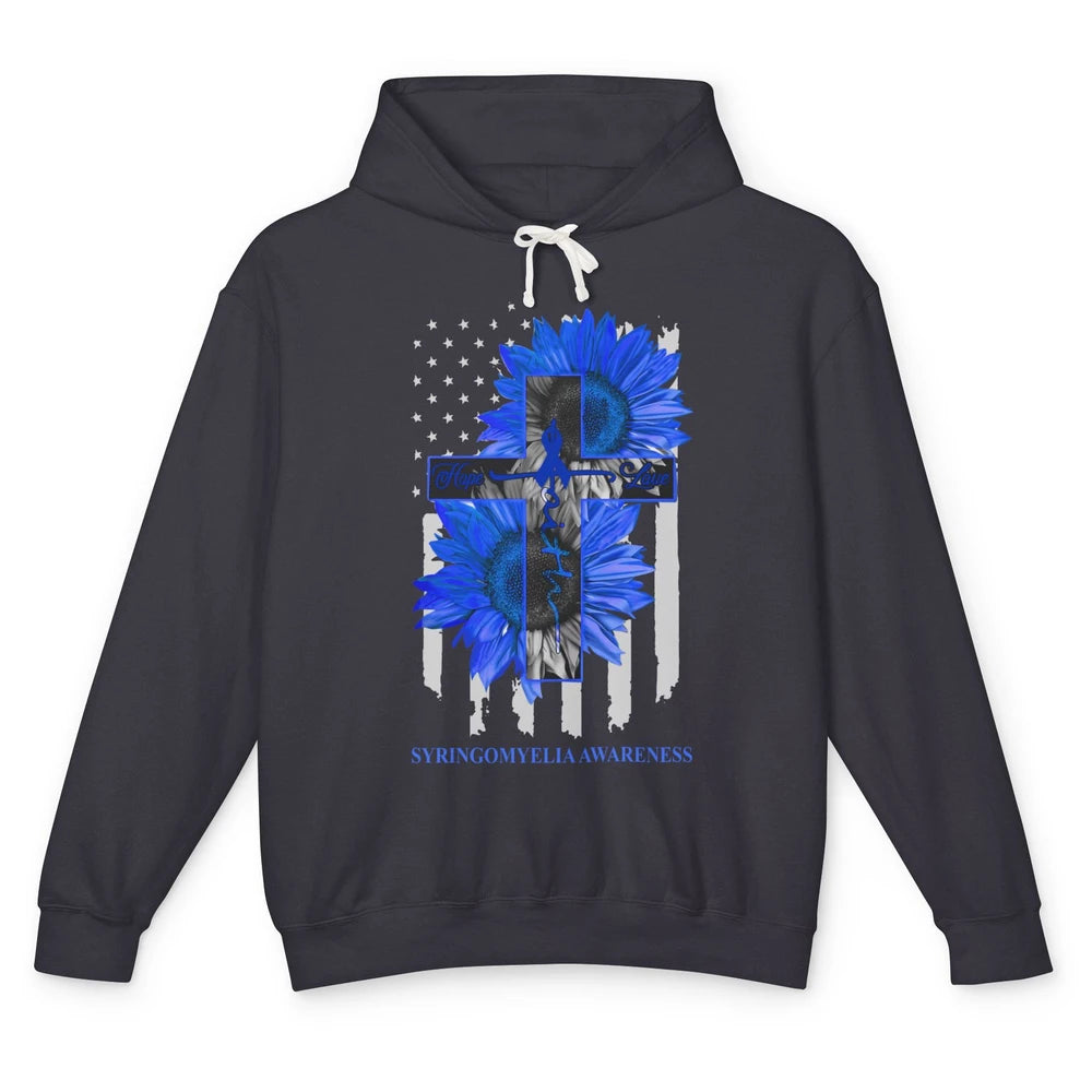 Syringomyelia Awareness Faith Hope Love Blue Ribbon US Flag Unisex Lightweight Hoodie