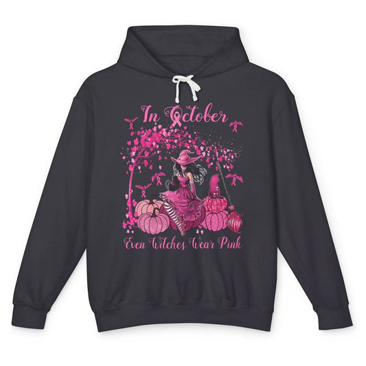 Breast Cancer In October Even Witches Wear Pink Ribbon Fall Unisex Lightweight Hoodie