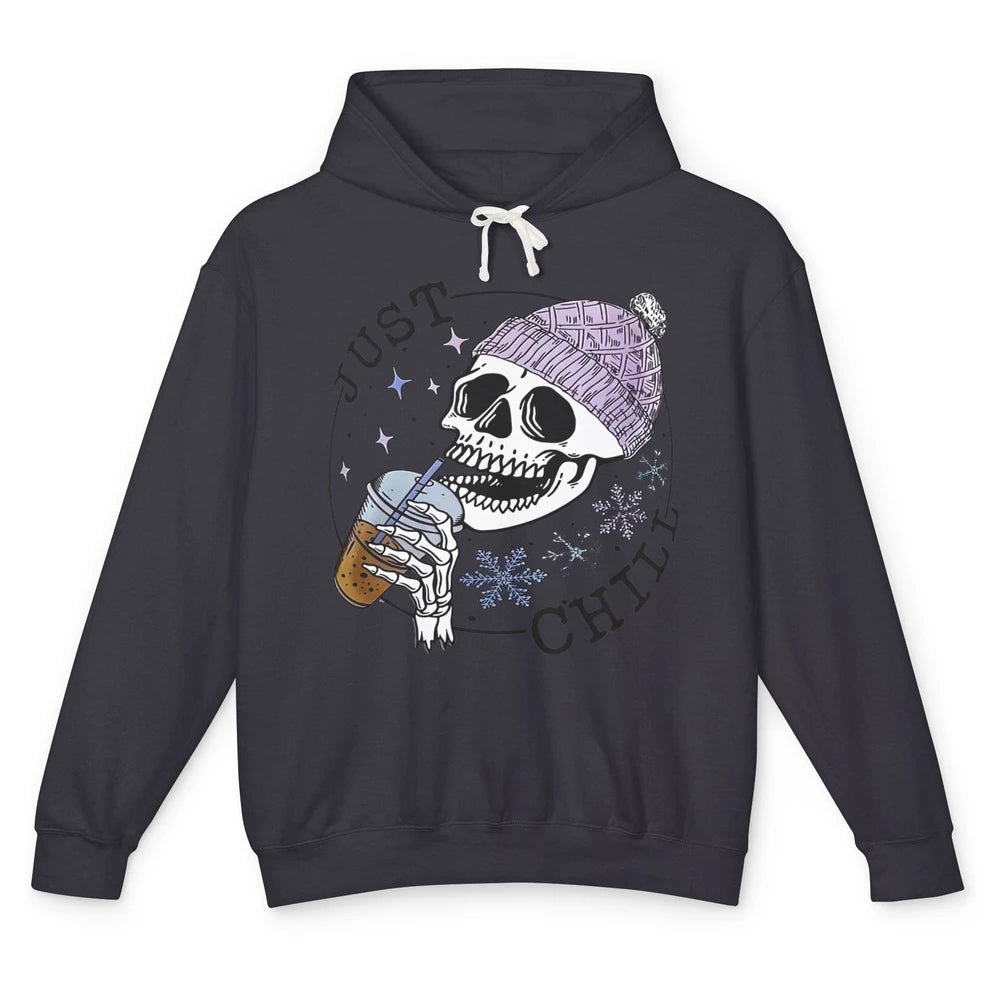 Funny Skeleton Coffee Just Relax Snowflakes Christmas Unisex Lightweight Hoodie