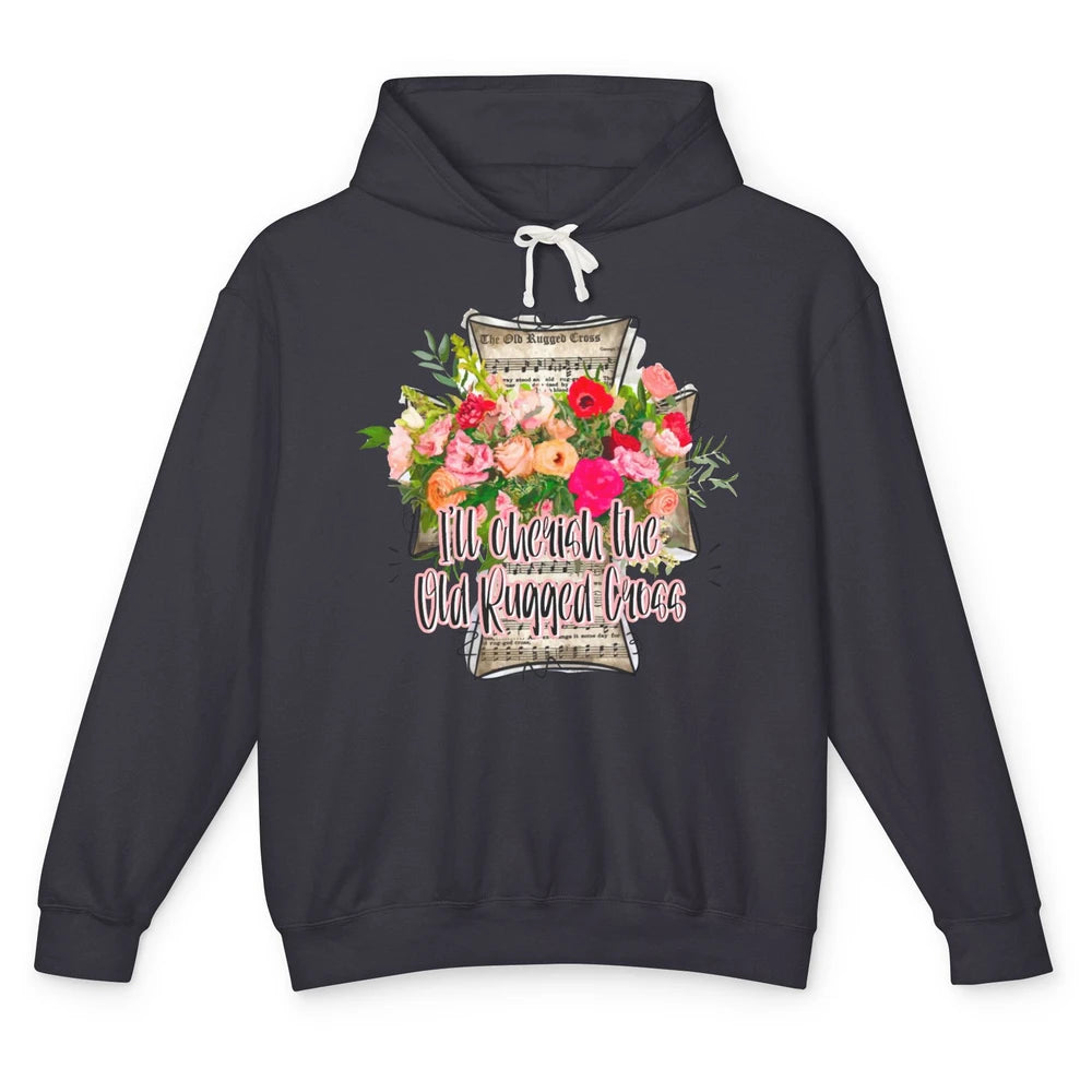 Floral Jesus Cross I'll Cherish Old Rugged Cross Christian Unisex Lightweight Hoodie