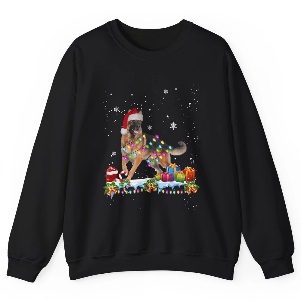 Merry Christmas German Shepherd Dog Santa Hat Xmas Lights Unisex Crewneck Sweatshirt