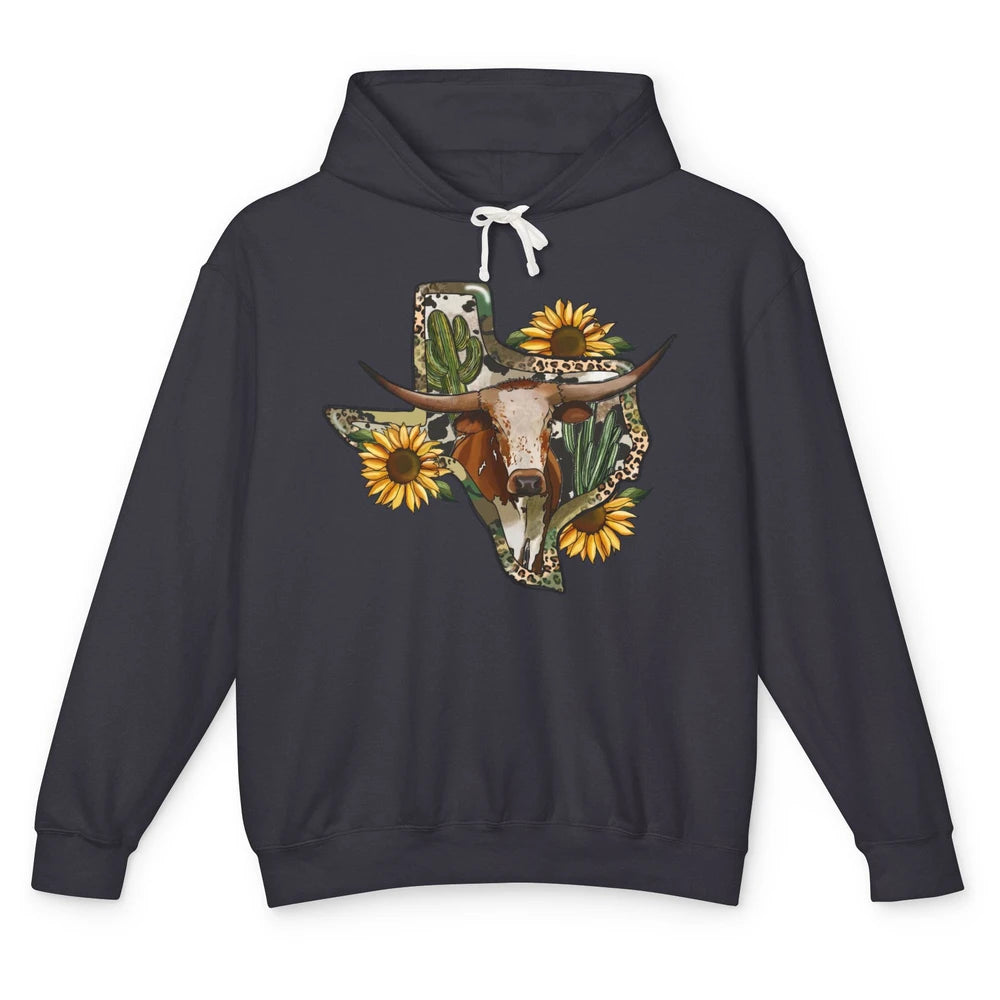 Texas Map Leopard Sunflower Western Texas Cow Longhorn Unisex Lightweight Hoodie