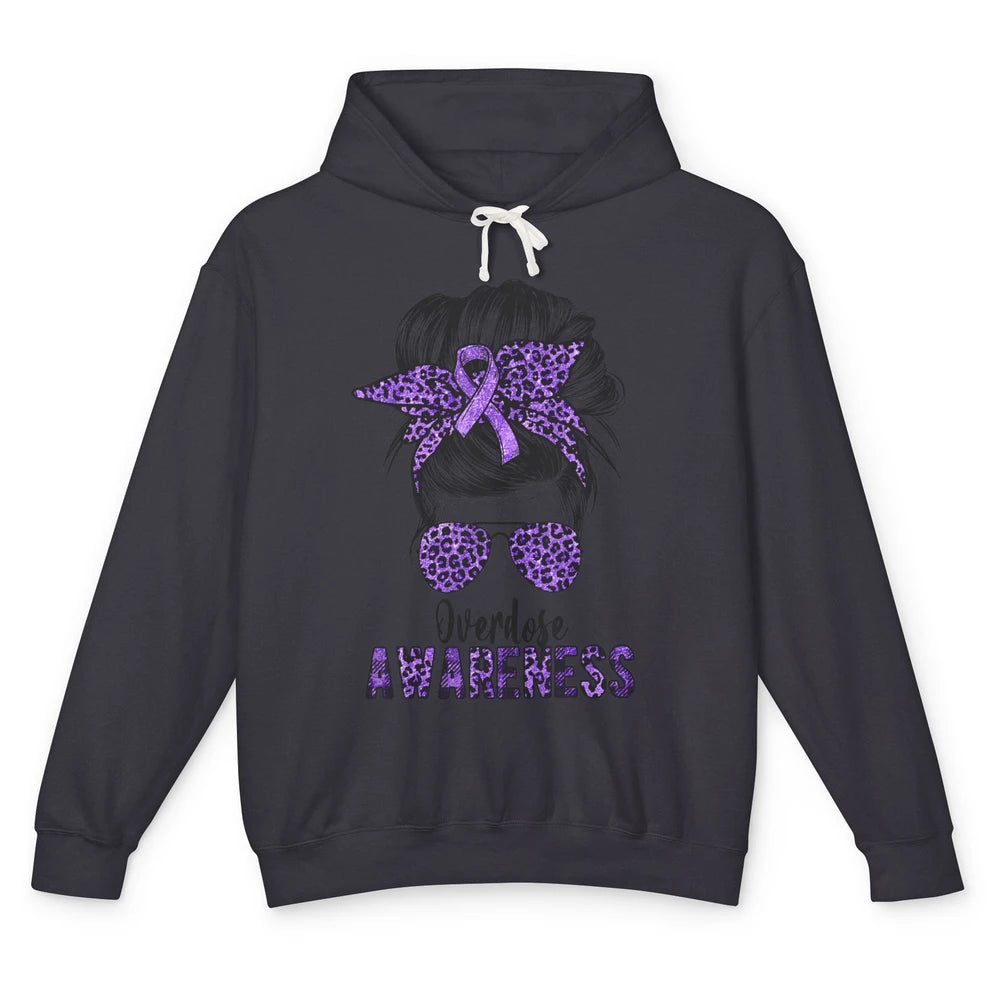 Overdose Awareness Messy Hair Bun Purple Leopard Warrior Unisex Lightweight Hoodie