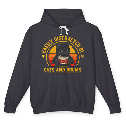 Vintage Black Cat Drummer Easily Distracted By Cat And Drums Unisex Lightweight Hoodie