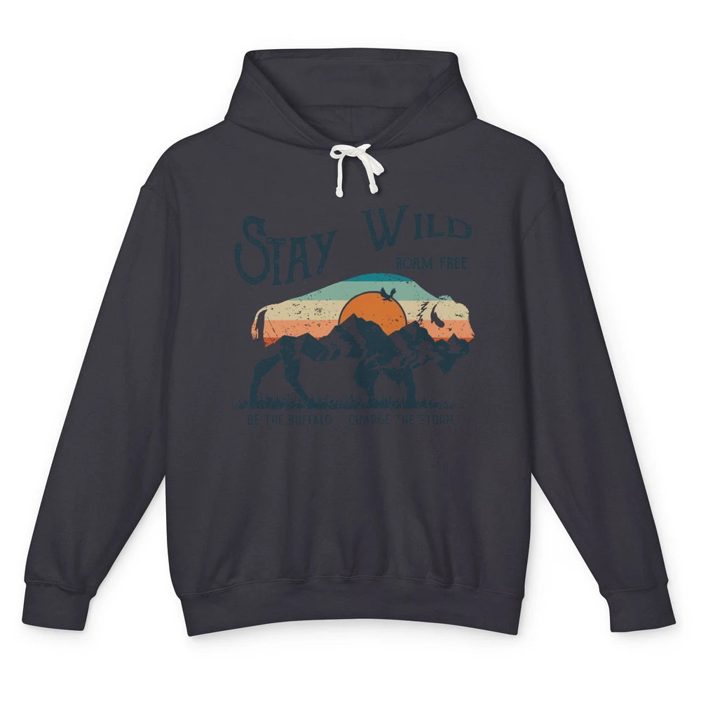 Retro Buffalo Mountain Sunset Stay Wild Roam Free Western Unisex Lightweight Hoodie