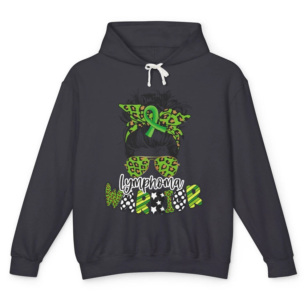 Warrior Fight Lymphoma Cancer Green Leopard Ribbon Messy Bun Unisex Lightweight Hoodie