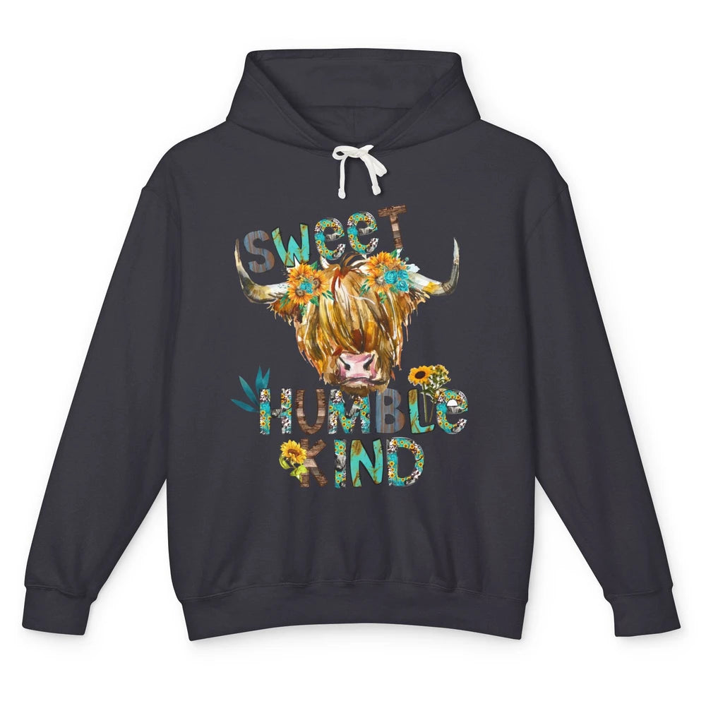 Highland Cow Sunflower Sweet Humble Kind Western Country Unisex Lightweight Hoodie