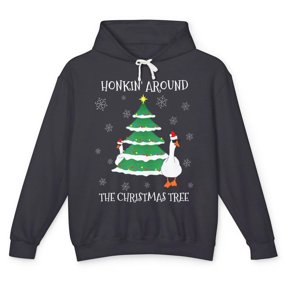 Merry Christmas Cute Geese Honking Around Xmas Tree Goose Unisex Lightweight Hoodie