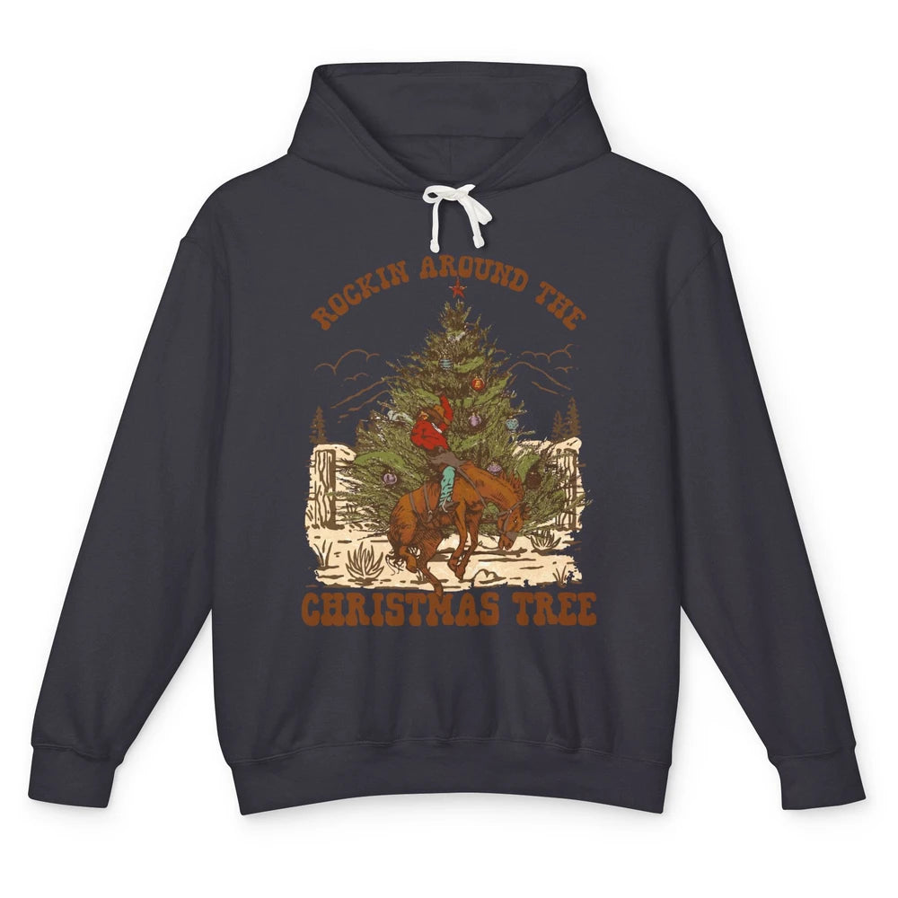 Funny Cowboy Horsing Rocking Around Christmas Tree Western Unisex Lightweight Hoodie