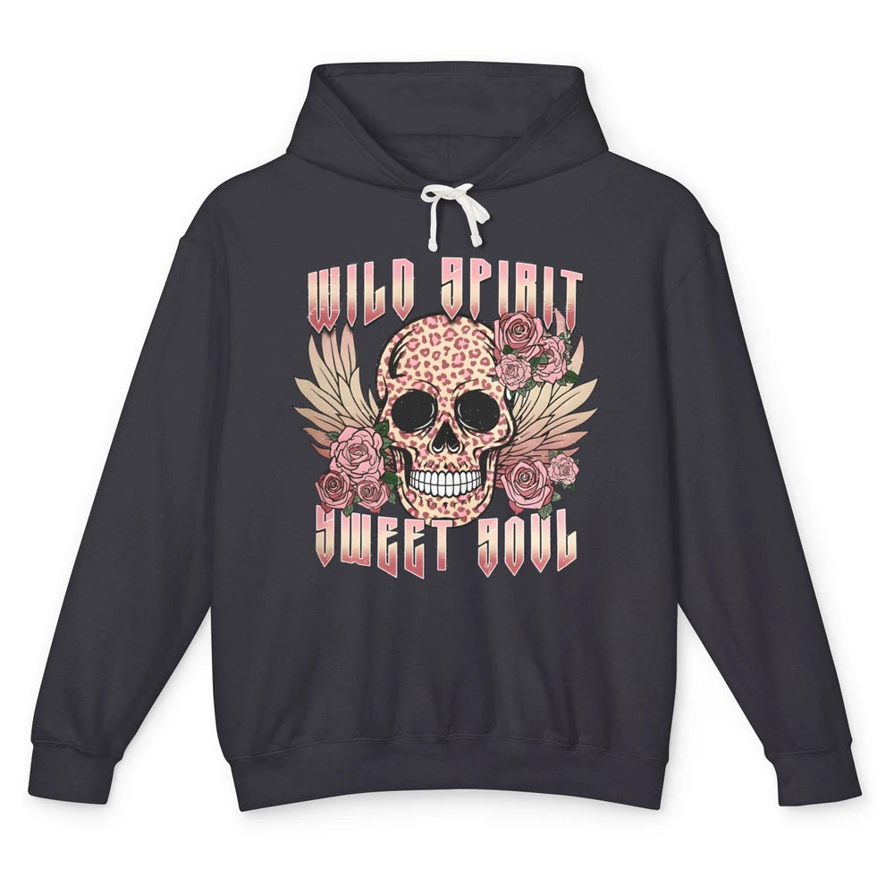 Wild Spirit Sweet Soul Skull Leopard Flowers Western Boho Unisex Lightweight Hoodie