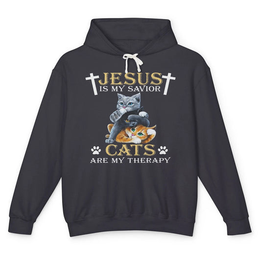 Jesus Is Savior Cats Are My Therapy Christian Cat Religious Unisex Lightweight Hoodie