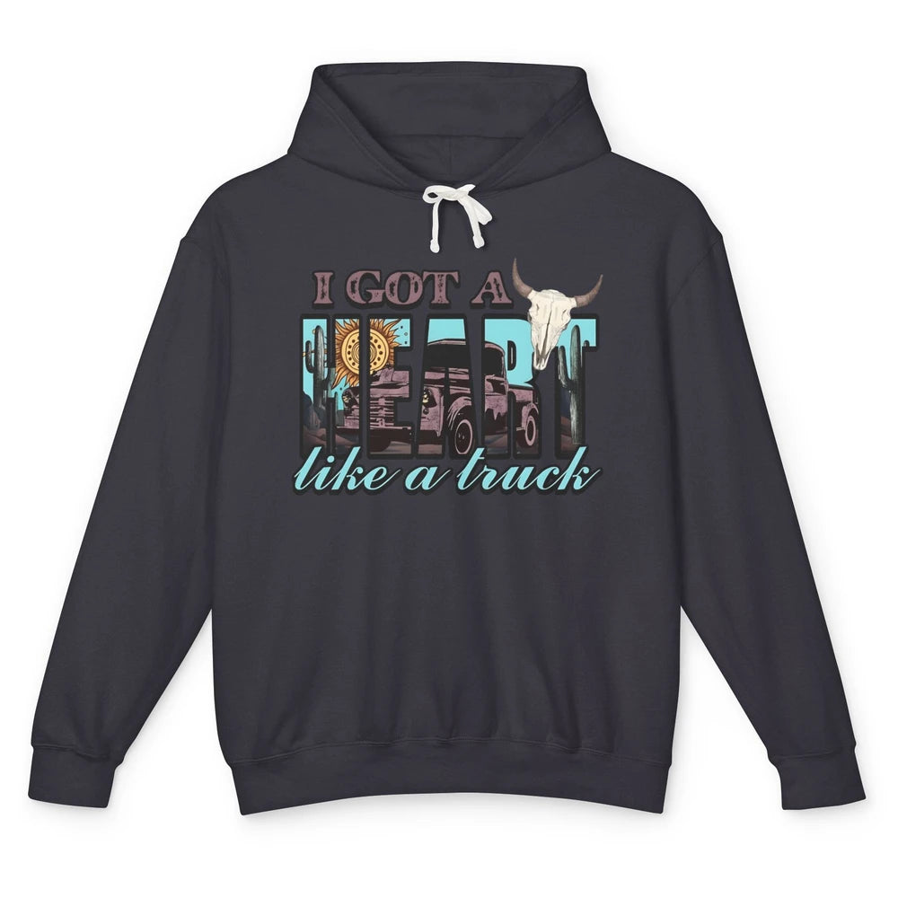 Retro Desert Bull Skull I Got A Heart Like A Truck Western Unisex Lightweight Hoodie