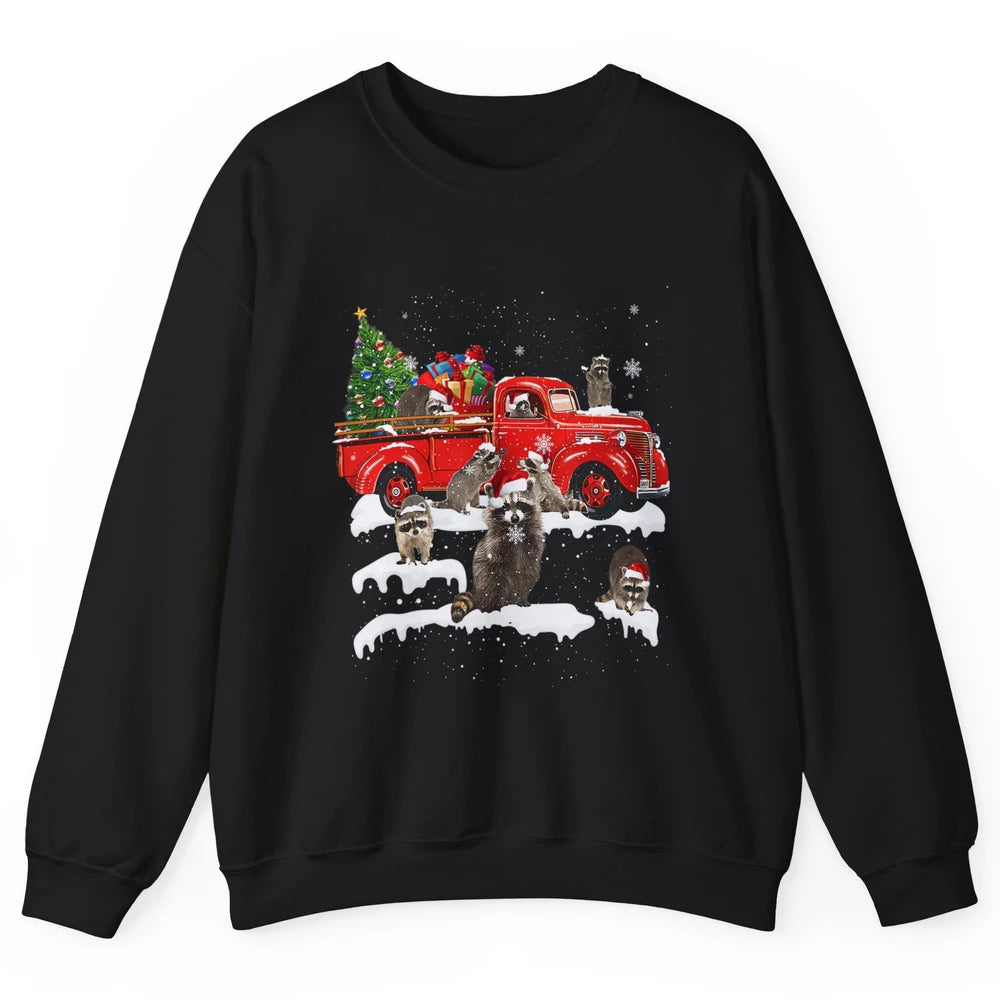 Funny Red Truck Raccoon Xmas Tree Lights Merry Christmas Unisex Crewneck Sweatshirt