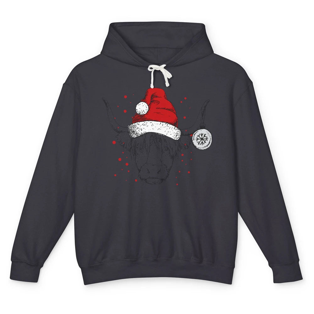 Cute Highland Cow Christmas With Santa Hat Western Xmas Cow Unisex Lightweight Hoodie