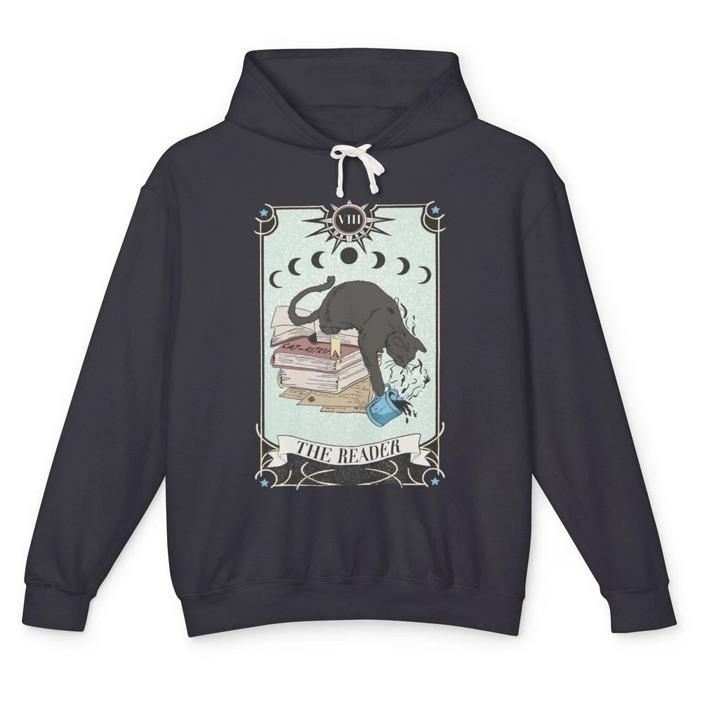 Retro Black Cat Books The Reader Tarot Card Halloween Reading Book Crescent Moon Unisex Lightweight Hoodie