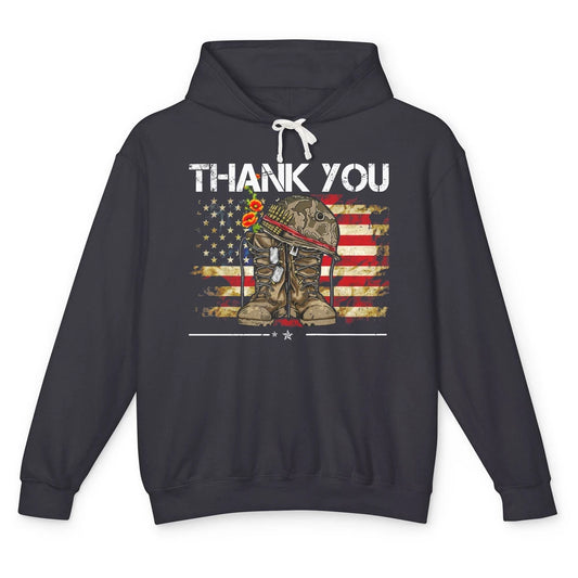 Vintage Veteran US Flag Thank You Military Boot Memorial Day Unisex Lightweight Hoodie