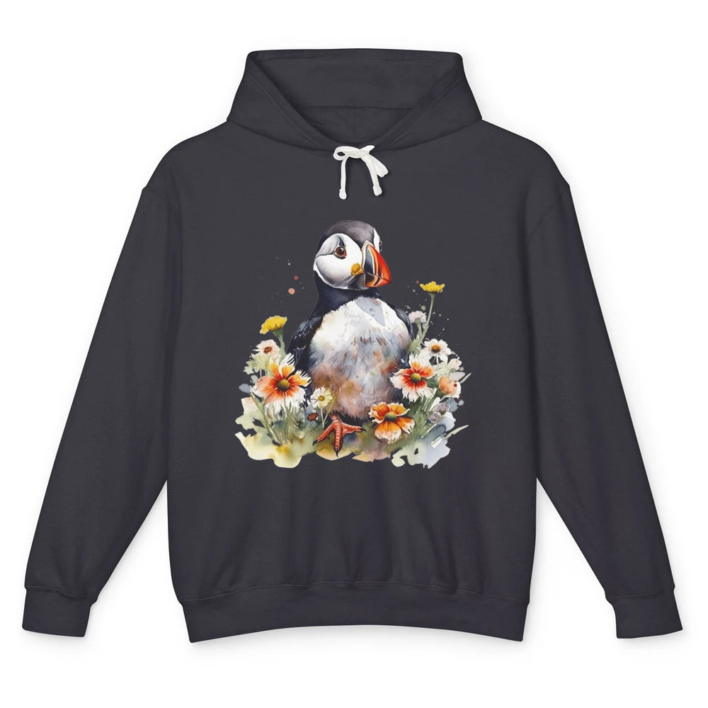 Funny Watercolor Penguin Colorful Wildflowers Field Animal Unisex Lightweight Hoodie