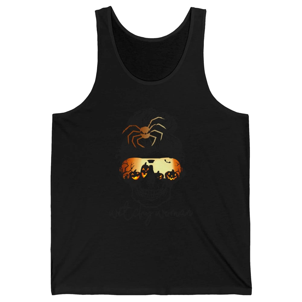 Witchy Woman Messy Bun Hair Skull Halloween Pumpkin Costume Unisex Jersey Tank