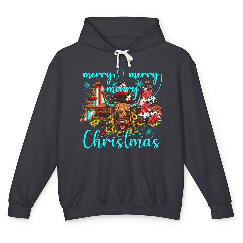 Highland Cow Merry Christmas Heifer Western Country Cowboy Unisex Lightweight Hoodie