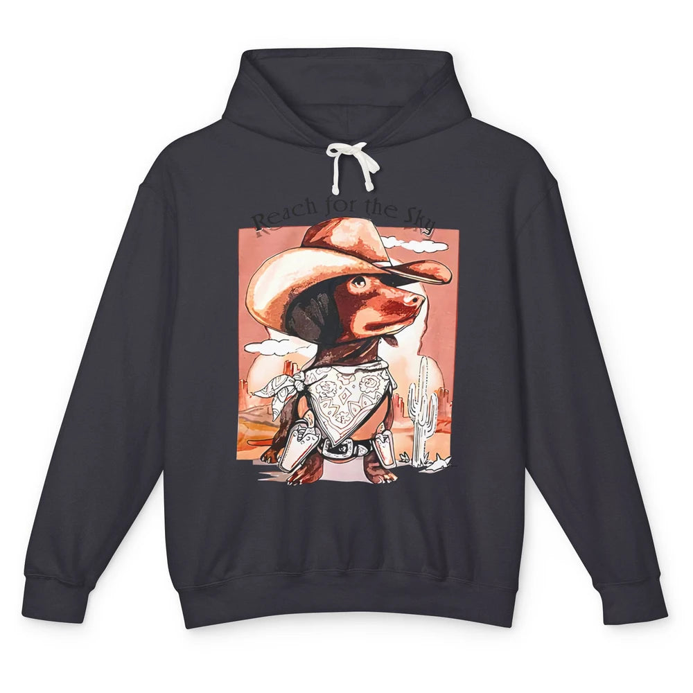 Funny Dachshund Cowboy Hat Reach For The Sky Dog Cactus Unisex Lightweight Hoodie