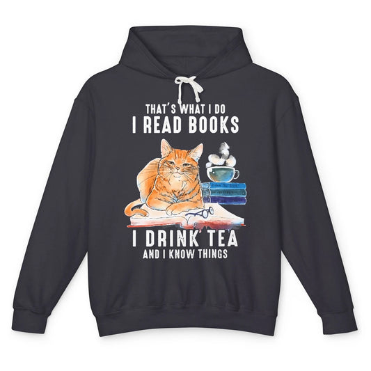 Funny That What I Do I Read Books Drink Tea And I Know Things Sarcastic Orange Cat Book Reader Kitten Bookworm Unisex Lightweight Hoodie