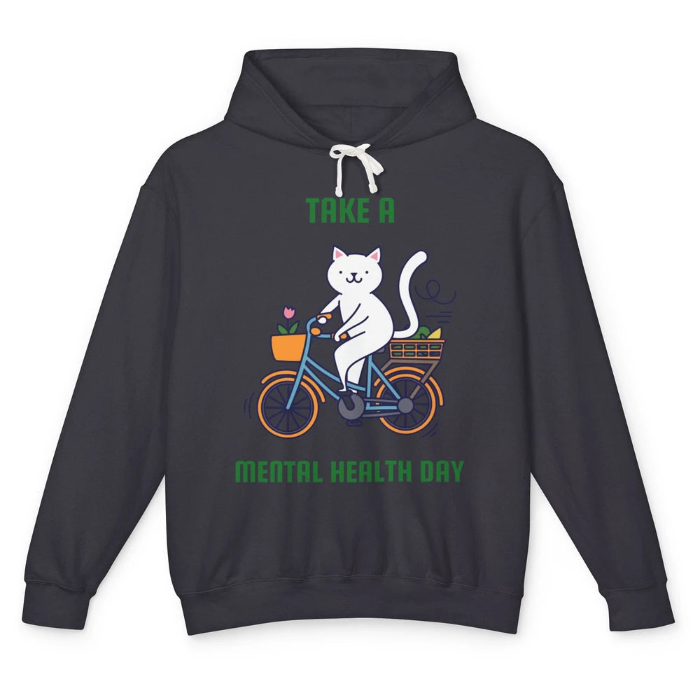 Take A Mental Health Day Cute Cat Bike Positive Therapist Unisex Lightweight Hoodie