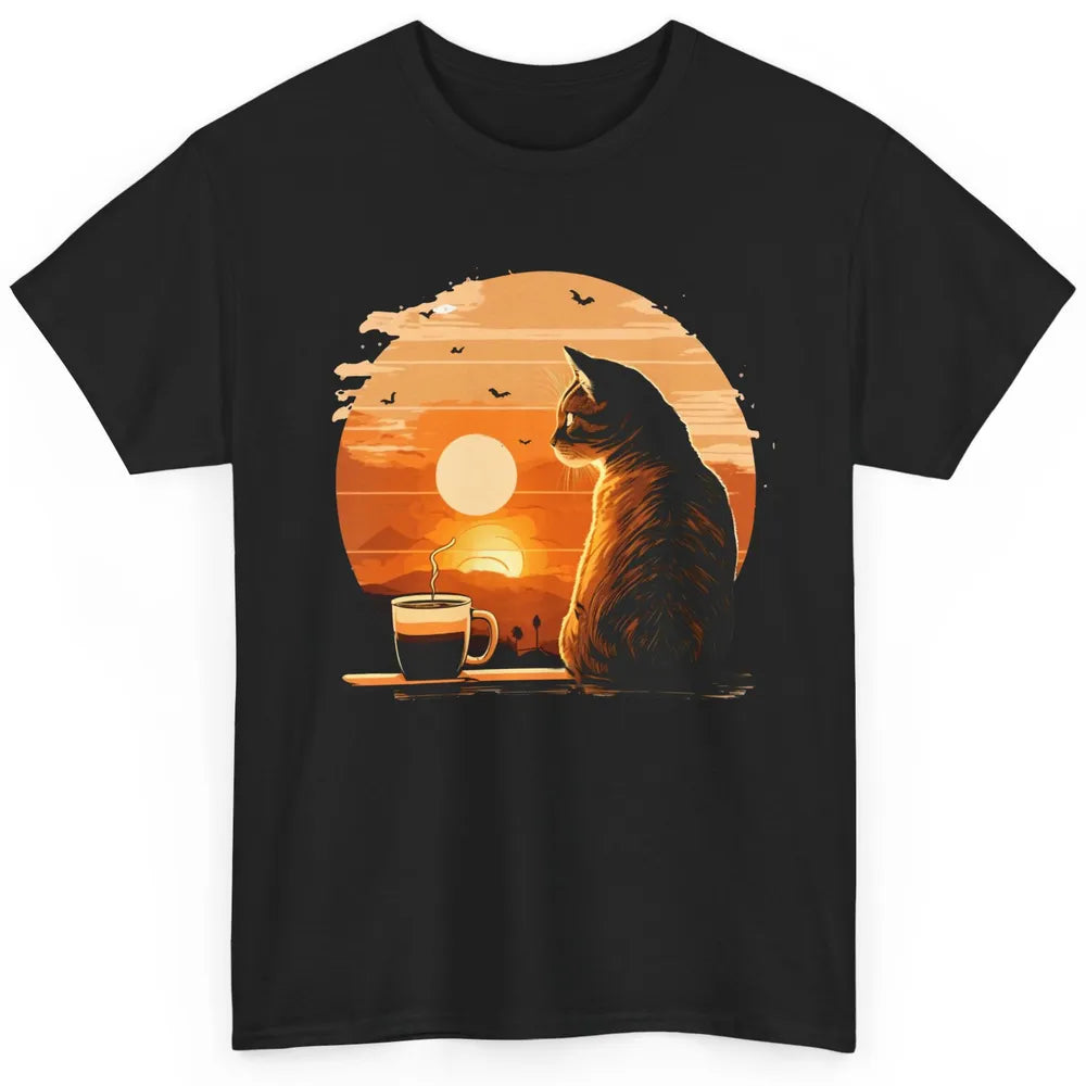 Coffee Cat And Vintage Sunset Love Drinking Coffee At Sunset Classic Unisex T-Shirt