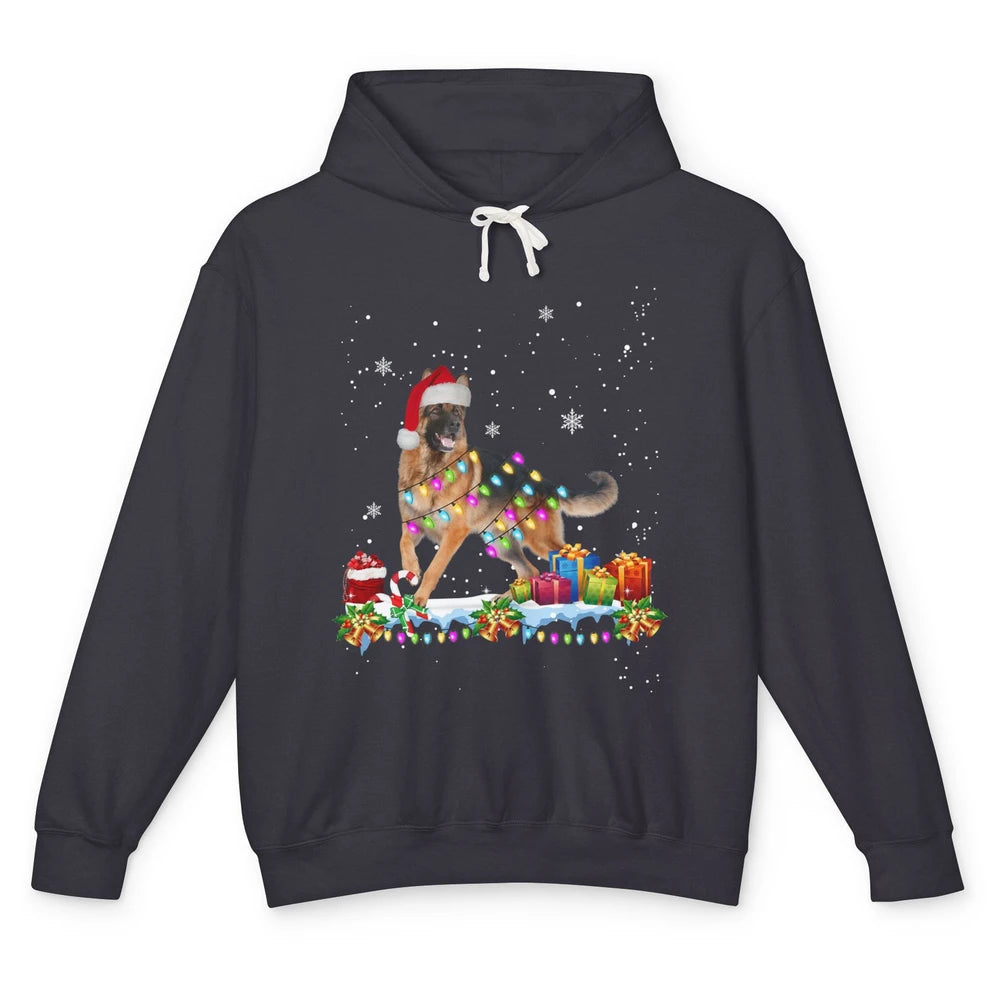 Merry Christmas German Shepherd Dog Santa Hat Xmas Lights Unisex Lightweight Hoodie