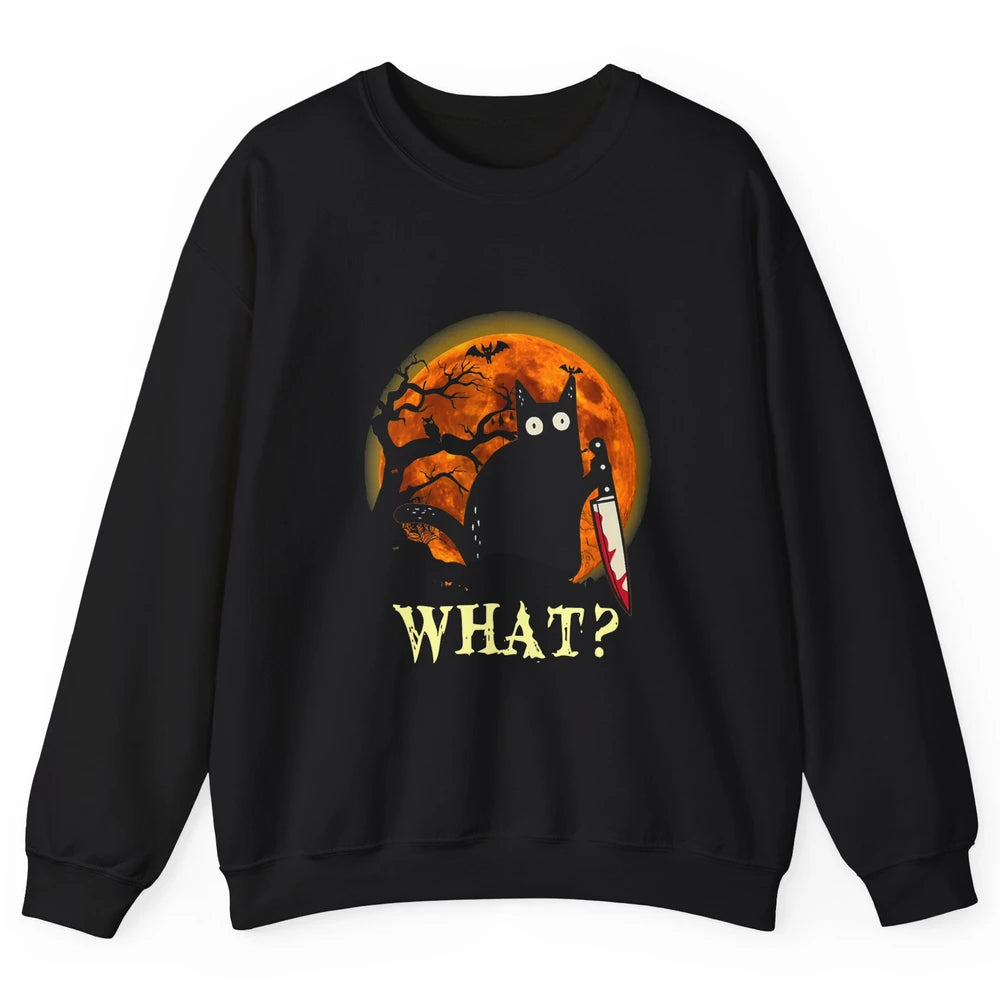 Black Cat With Knife Murderous Cat What Halloween Night Moon Unisex Crewneck Sweatshirt