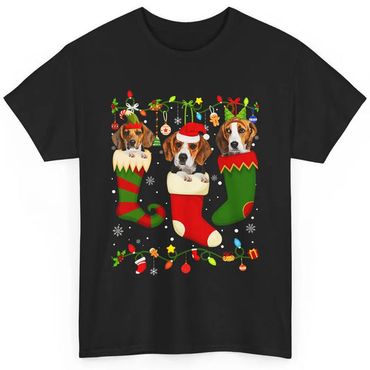 Funny Beagle Dog Christmas Tree Socks Xmas Lights Santa Hat Classic Unisex T-Shirt