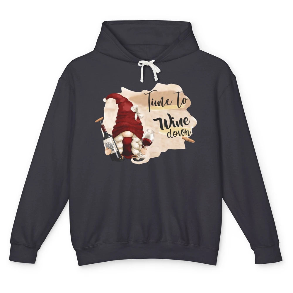 Christmas Gnome Wine It's Time to Wine Down Winter Holiday Unisex Lightweight Hoodie