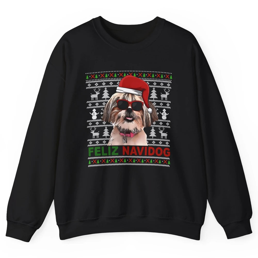 Funny Santa Shih Tzu Dog Feliz Navidog Christmas Tree Ugly Unisex Crewneck Sweatshirt