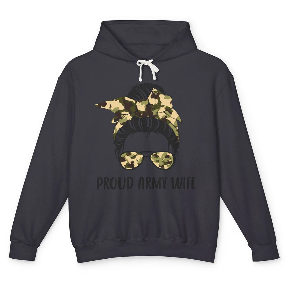 Proud Army Wife Messy Bun Hair Proud Wife Of A US Soldier Unisex Lightweight Hoodie