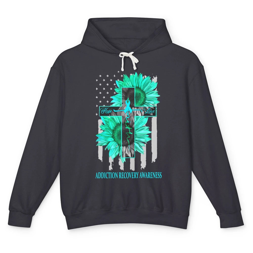 Addiction Recovery Faith Hope Love Teal US Flag Jesus Cross Unisex Lightweight Hoodie