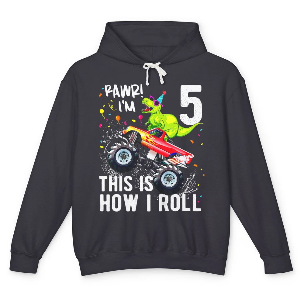 Funny T Rex Dinosaur Monster Truck Happy 5 Birthday Boy Rawr Unisex Lightweight Hoodie