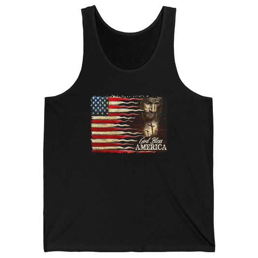 Retro US Flag Jesus Cross God Bless America Patriot July 4th Unisex Jersey Tank