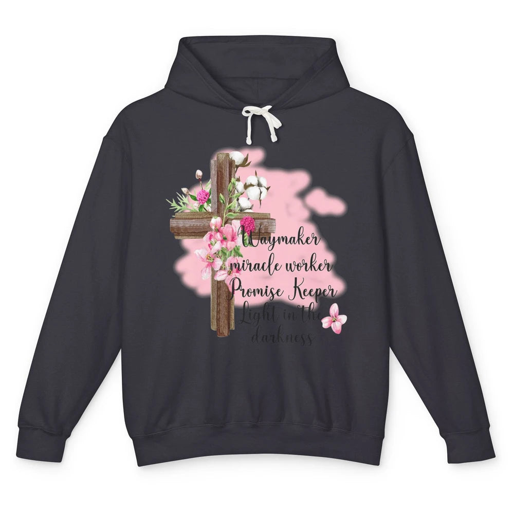 Jesus Floral Cross Waymaker Miracle Worker Faith Christian Unisex Lightweight Hoodie