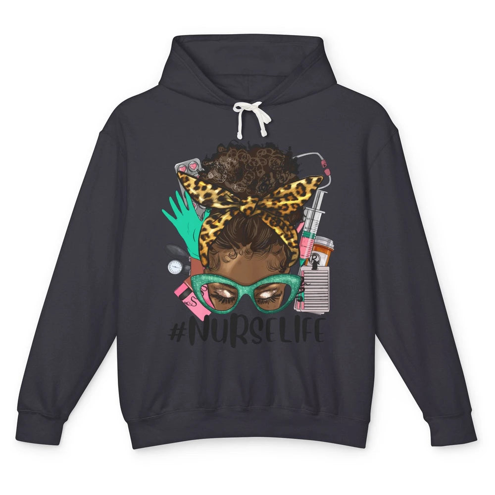 Afro Nurse Messy Bun Hair Black Melanin Nurse Life Leopard Unisex Lightweight Hoodie