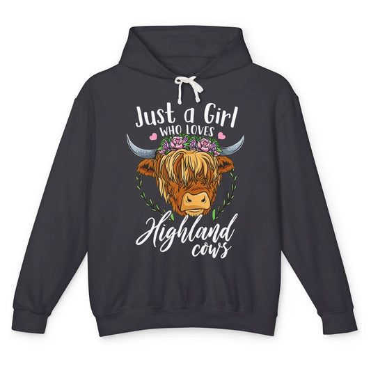 Vintage Just Girl Loves Highland Cow Floral Western Animal Unisex Lightweight Hoodie