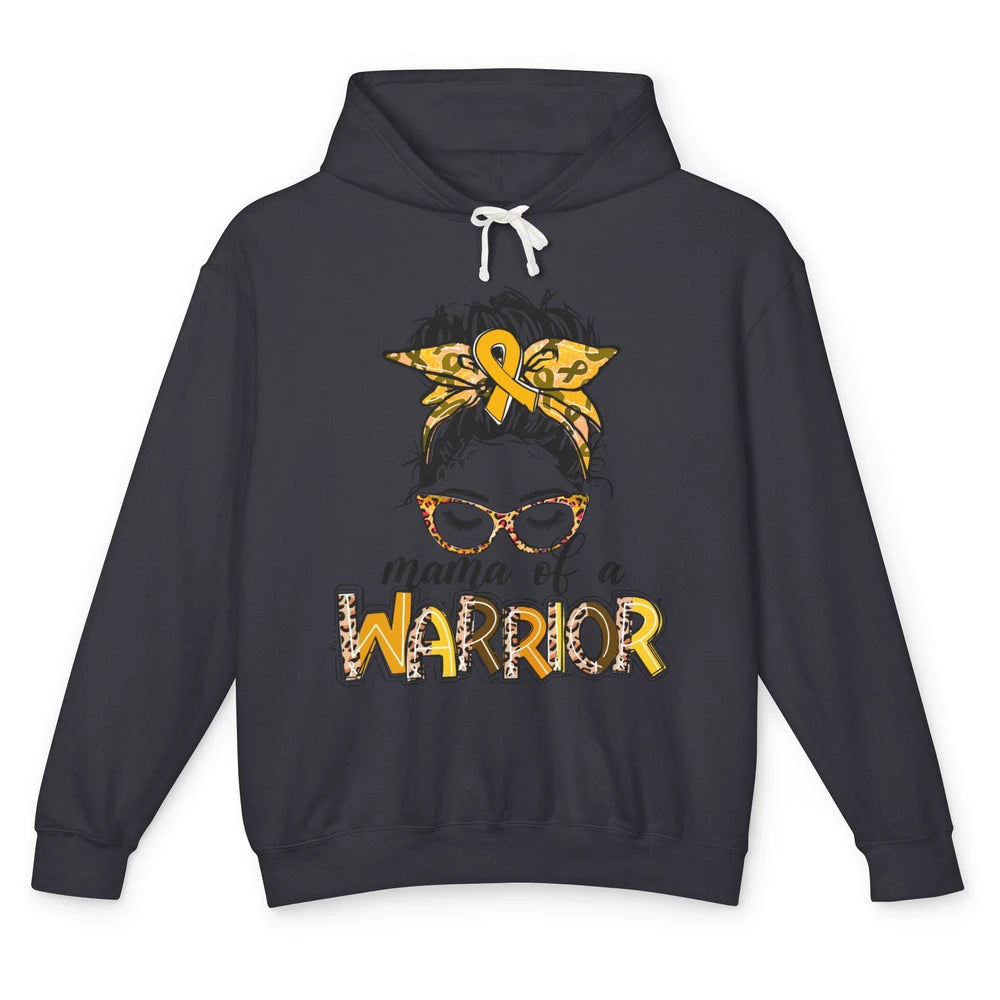 Mama Warrior Childhood Cancer Messy Hair Leopard Gold Ribbon Unisex Lightweight Hoodie